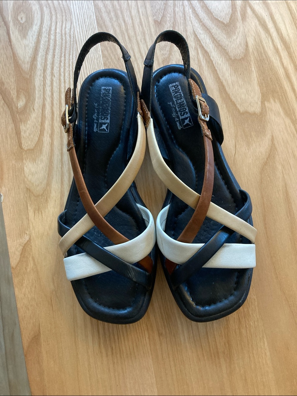 PIKOLINOS Leather Black, White & Brown Crisscross Slingback Sandals